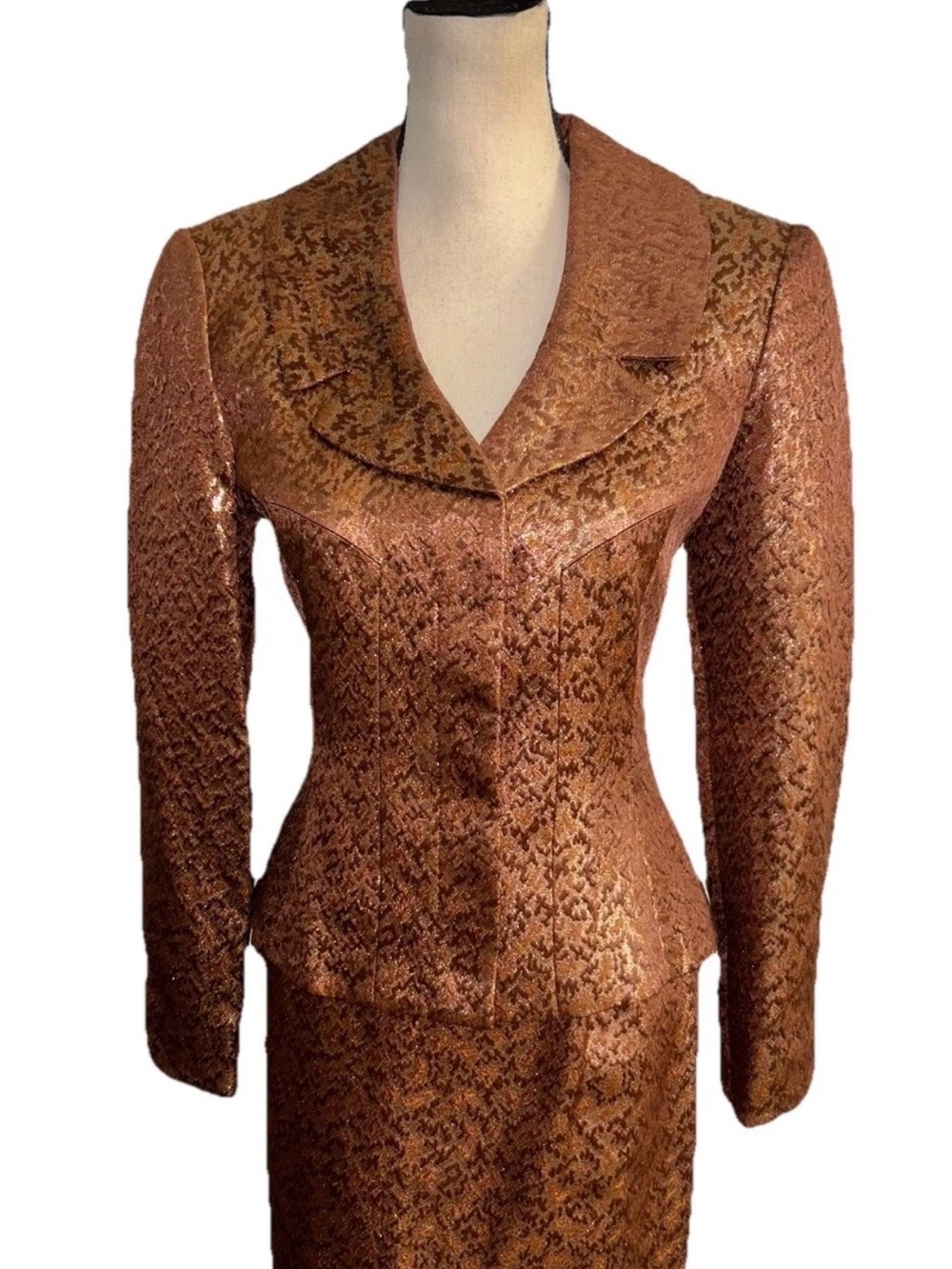 Neiman Marcus Metallic Copper Brocade Tailored Blazer